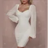 Vestidos casuales Moda Mujer Manga larga con cuello en V Falda Lápiz Blanco Hip Wrap Vestido Midskirt 338W