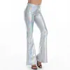 Damesbroek capris sexy pu lederen metalen broek glanzende holografische flare broek vrouwen meisjes bodycon elastische taille bell bodem broek clubkleding 220916