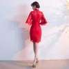 Roupas étnicas vermelhas renda sexy short cheongsam verão vintage chinês estilo mini vestido feminino qipao vestidos de festa slim button vestido s-4xl
