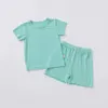 2PCS UNISEX BABY Summer Odzież Set Silny kolor żebrowane krótkie rękawy T-shirt elastyczne spodenki talii