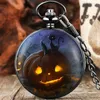 Montres de poche Vintage imprimé Halloween thème montre à Quartz chiffres arabes cadran blanc noir chaîne pendentif horloge