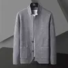 L￣ de l￣ masculina Blends Solid Color Cardigan Jacket Men Knit Stand Casual Collar Cardigan Cardigan Men Corean Khaki preto cinza grande jaqueta de tamanho grande 220915