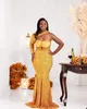 Sequined Muslim Yellow Mermaid Evening Dresses Gowns Elegant Beaded Satin Overskirt One Shoulder Formal for Women Party