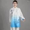 Stage Wear Embroidery Flower Blue Chinese Traditional Uniform 3 PCS Tai Chi Suit Morning Exercise Wushu Clothing Martial Arts Sets