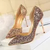 868-8 Sandals Style Sexy Nightclub Show Thin Women's Shoes Heel High Shallow Mouth Pointed Side Hollow Sequin Single