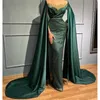 Elegant Emerald Green Beading Muslim Mermaid Evening Dress With Cape Sheer Neck Pearls Crystal Dubai Prom Party Gowns 2023 322