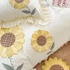 Bettwäsche-Sets, 60er-Jahre, langstapelige ägyptische Baumwolle, Sonnenblumen-Applikation, Mädchen-Set, Rüschen-Quilt/Bettbezug, Bettwäsche, Spannbetttuch, Kissenbezüge