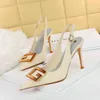 1932-8 Sandals Sexy Nightclub Thin Heel Ultra High Shallow Mouth Pointed Back Trip Belt Hollow Metal Buckle Single Shoes