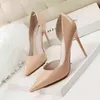 638-5 Sandals Korean Fashion Simple Thin Heel High Patent Leather Shallow Mouth Pointed Hollow Sexy Shoes Single Shoe