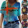 Women's T Shirts Summer Women Short Sleeve Landscape Print Shirt Casual Streetwear V-Neck Pockets Loose Tee Tops Plus Size 3XL Ladies Tees