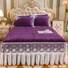 Jupe de lit en velours cristal super doux, volants en dentelle blanche, matelassé, fermeture éclair, housse de matelas amovible, couvre-lit, taies d'oreiller, ensemble de literie