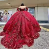 2022 Бургундские платья Quinceanera Ball Hown Thank Red Sequined Crystal Chheyeart Lace Up Princess Seerfin