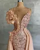 2023 Blush Pink Pequined Prom Dresses Sexig blommor Tiered Ruffles aftonklänningar Festklänning Special Occassion Robe