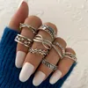 Cluster ringen ifme retro zilveren kleur zonnemaan set voor vrouwen vintage bloempatroon slangenvinger yinyang sieradenfeestje