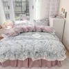 Ensembles de literie coton doux confortable impression florale princesse fille ensemble à volants housse de couette drap de lit jupe taies d'oreiller 4 pièces