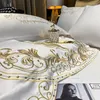 Ensembles de literie Luxe Blanc 60S Satin Coton Ensemble Doux Lisse Or Plume Broderie Housse de Couette Plat/Housse Taies d'oreiller