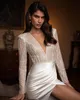 Stunning Beaded Wedding Dresses Long Sleeves Bridal Gowns With Detachable Train Sequined Deep V Neck Side Split Satin robe de mariee