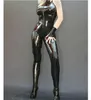 Costumes de Catsuit de mode Combinaison sans manches en simili cuir PVC Chaussettes attachées Fermeture à glissière avant à 3 voies jusqu'à la hanche avec des gants courts Body noir Fête