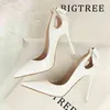 3168-8 Sandals Korean Version Sexy Thin High Heels Shallow Mouth Pointed Patent Leather Hollowed Out Back Bow Single Shoes