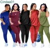 Women Larger Tracksuits 2022 Spring And Summer New Button One-line Collar Wrinkle Two Piece Pants Set S-4XL