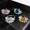 Wedding Rings Female Dainty Oval Stone Opening Ring White Pink Blue Yellow Zircon Flower For Women Vintage Silver Color Engagement