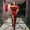 Feather Split Mermaid Evening Dresses Off The Shoulder Satin Gowns Simple Womens Long Prom Party Dress 328 328