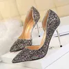 868-8 Sandals Style Sexy Nightclub Show Thin Women's Shoes Heel High Shallow Mouth Pointed Side Hollow Sequin Single