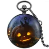 Montres de poche Vintage imprimé Halloween thème montre à Quartz chiffres arabes cadran blanc noir chaîne pendentif horloge