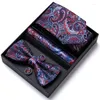 Noeuds papillon mariage mode fête Style luxe Floral cravate noeud papillon Hanky boutons de manchette ensemble pour hommes soie bleu cravate Gravate mouchoir