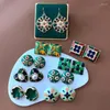 Stud Earrings Elegant Green Enamel Metal Imitation Pearl Irregular Geometric Painting Art Hollow Flowers Studs For Women