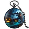 Montres de poche Vintage imprimé Halloween thème montre à Quartz chiffres arabes cadran blanc noir chaîne pendentif horloge