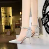 286-a2 Sandals Style Women's Shoes Fashion High-heeled Thin Heel Hollow Shallow Mouth Pointed Flat Head Sandals with Back Bow