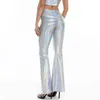 Damesbroek capris sexy pu lederen metalen broek glanzende holografische flare broek vrouwen meisjes bodycon elastische taille bell bodem broek clubkleding 220916