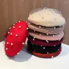 Berets Autumn Winter Elegant Wool Fascinators Fedora Women Red Hats Wedding Ladies Mesh Pearl Caps Pillbox Chapeau 116