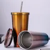 Tasses Tasse en acier inoxydable de 500 ml avec couvercle Gobelet à double couche sous vide Bouteille d'isolation de paille Réutilisable Tasse de jus de café Verres