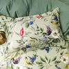 寝具セット豪華なアメリカンスタイル1400TCサテンエジプトの綿の花の鳥印刷セットシルキーソフト羽毛布団カバーベッドシート枕カバー