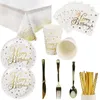 Disposable Flatware Happy Birthday Party Decoration Gold White Tableware Paper Plates Cups Balloons For Adult Kids