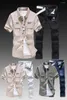 Men's Tracksuits Short Sleeve T-shirt Jeans Pants 2pcs Set Cotton Blouse Casual Cargo Style Long Trousers Size S-XXL With Belt&Shirt K15