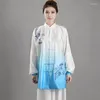 무대 마모 자수 꽃 블루 블루 중국 전통 유니폼 3 pcs 태극 chi 정장 아침 운동 wushu 의류 무술 세트