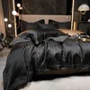 Bettwäsche-Sets, luxuriöses, schwarz-goldenes, garngefärbtes Jacquard-Set aus ägyptischer Baumwolle, Satin-Seidig-Bettbezug, flaches/Spannbetttuch, Kissenbezüge, 4-teilig