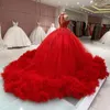 Robe De Mariée De Luxe Puffy Jupe Robes Rouges Pour Les Femmes 2022 Perles Col Haut Corset Retour Indéfini Robes De Mariée Robe De Noiva