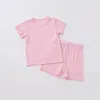 2PCSユニセックスベイビーサマー服セットソリッドカラーリブ付き半袖Tシャツエラスティックウエストショーツ幼児幼児衣装スーツ