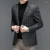 Trajes de hombre HOO 2022 Blazer a cuadros para hombre, informal, elástico, de negocios, con doble botón