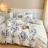 Ensembles de literie Français Vintage Coton Princesse Rose Ensemble imprimé floral Volants Couette / Housse de couette Drap-housse Taie d'oreiller