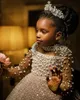 Flower Luxurious 2022 Girl Dresses Sequined Lace Pearls High Neck Long Sleeves Champagne Sequins Ball Gown Tutu Lilttle Kids Birthday Pageant Weddding Gowns S S 0515