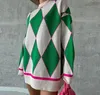 Maglioni da donna Maglioni pullover lavorati a maglia Maglione a contrasto con motivo a rombi in colore a contrasto Retro Lady Maglione di media lunghezza allentato e accogliente