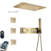 Antique Brass Luxury Shower Systems Music LED 23X15 Inch Shower Head Bathroom Thermostatic Rain Waterfall Shower Faucet Set