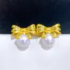 22090905 DiamondBox -Jewelry Küpe Kulak saplamaları Beyaz İnci Sterling 925 Gümüş Yay Knot Şerit aka 6.5-7 mm Yuvarlak Hediye Kız AU750 Sarı Altın Kaplama