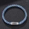 Bedelarmbanden trendy stijl blauw echt leer voor mannen magnetisch roestvrijstalen gesp