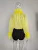 Women's T Shirts STYLISH LADY See Through Mesh Feather Shirt 2022 Summer Women Long Sleeve Turtleneck Patchwork Yellow Club Party Blouses